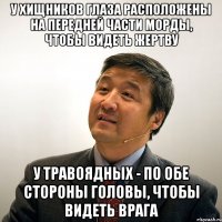 у хищников глаза расположены на передней части морды, чтобы видеть жертву у травоядных - по обе стороны головы, чтобы видеть врага