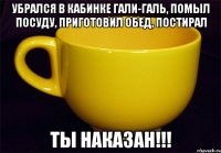 убрался в кабинке гали-галь, помыл посуду, приготовил обед, постирал ты наказан!!!