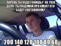 -парень ты куда гонишь? -не твоё дело -ты подумай про кмуат кто будет световиком? 200 140 120 100 80 60