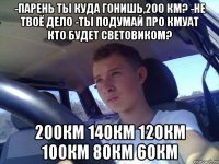 -парень ты куда гонишь,200 км? -не твоё дело -ты подумай про кмуат кто будет световиком? 200км 140км 120км 100км 80км 60км