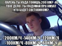 -парень ты куда гонишь,200 км? -не твоё дело -ты подумай про кмуат кто будет световиком? -200км/ч -140км/ч -120км/ч -100км/ч -80км/ч -60км/ч