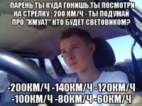 -парень ты куда гонишь,ты посмотри на стрелку : 200 км/ч - ты подумай про "кмуат" кто будет световиком? -200км/ч -140км/ч -120км/ч -100км/ч -80км/ч -60км/ч