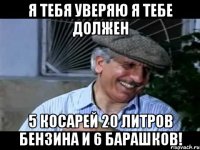 я тебя уверяю я тебе должен 5 косарей 20 литров бензина и 6 барашков!