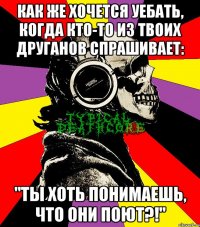 как же хочется уебать, когда кто-то из твоих друганов спрашивает: "ты хоть понимаешь, что они поют?!"