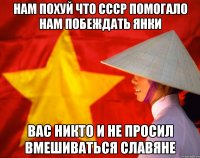 нам похуй что ссср помогало нам побеждать янки вас никто и не просил вмешиваться славяне