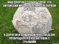 наш двор на столько суров, что китайский мяч лопался после первой же игры а дорогой и кожанный через неделю превращался в кусок говна с грыжами