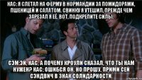 кас: я слетал на ферму в нормандии за помидорами, пшеницей и салатом. свинку я утешил, прежде чем зарезал я её. вот, подкрепите силы. сэм:эй, кас, а почему кроули сказал, что ты нам нужен? кас: ошибся он. но прошу, прими сей сэндвич в знак солидарности.