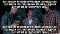 кас: я слетал на ферму в нормандии за помидорами, пшеницей и салатом. свинку я утешил, прежде чем зарезал я её. вот, подкрепите силы. кас: я слетал на ферму в нормандии за помидорами, пшеницей и салатом. свинку я утешил, прежде чем зарезал я её. вот, подкрепите силы.