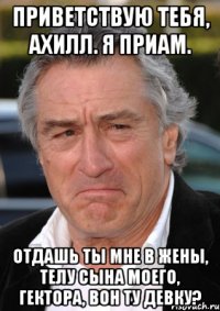 приветствую тебя, ахилл. я приам. отдашь ты мне в жены, телу сына моего, гектора, вон ту девку?