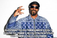  выкуривает по 100 грамм шмали в день! в неделю 700 грамм! в месяц приблизительно 3100 грамм! в год 36 500 грамм!