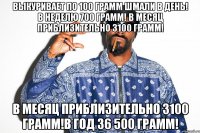выкуривает по 100 грамм шмали в день! в неделю 700 грамм! в месяц приблизительно 3100 грамм! в месяц приблизительно 3100 грамм!в год 36 500 грамм!