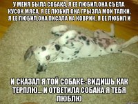у меня была собака, я ее любил.она съела кусок мяса, я ее любил.она грызла мои тапки, я ее любил.она писала на коврик, я ее любил и и сказал я той собаке:-видишь как терплю... и ответила собака я тебя люблю