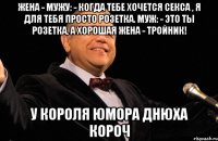 жена - мужу: - когда тебе хочется секса , я для тебя просто розетка. муж: - это ты розетка, а хорошая жена - тройник! у короля юмора днюха короч