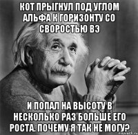 кот прыгнул под углом альфа к горизонту со своростью вэ и попал на высоту в несколько раз больше его роста. почему я так не могу?
