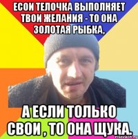 есои телочка выполняет твои желания - то она золотая рыбка, а если только свои , то она щука.