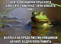 опять лягушонок прыгнул в классический пруд . звук описать как? всплеск на пруду листик кувшинки качнул. вздрогнула память