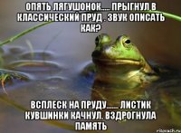 опять лягушонок..... прыгнул в классический пруд . звук описать как? всплеск на пруду....... листик кувшинки качнул. вздрогнула память