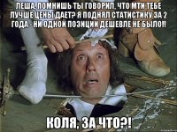 леша, помнишь ты говорил, что мти тебе лучше цены дает? я поднял статистику за 2 года - ни одной позиции дешевле не было!! коля, за что?!