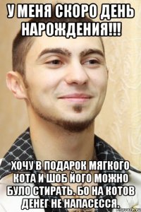 у меня скоро день нарождения!!! хочу в подарок мягкого кота и шоб його можно було стирать. бо на котов денег не напасесся.