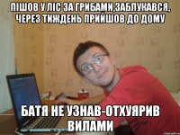 пішов у ліс за грибами,заблукався, через тиждень прийшов до дому батя не узнав-отхуярив вилами