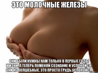 это молочные железы они были нужны нам только в первые годы жизни. а теперь поменяй сознание и успокойся. они не волшебные. это просто грудь.успокойся.