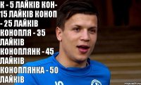 К - 5 Лайків Кон- 15 Лайків Коноп - 25 Лайків Конопля - 35 Лайків Коноплянк - 45 Лайків Коноплянка - 50 Лайків