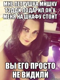 Мне Петрушка мишку Тэдди подарил он у меня на шкафу стоит вы его просто не видили