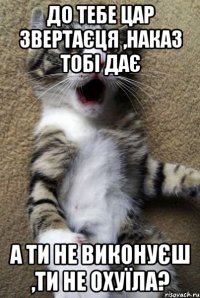 до тебе цар звертаєця ,наказ тобі дає а ти не виконуєш ,ти не охуїла?