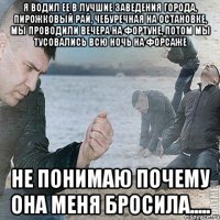 Я водил ее в лучшие заведения города, Пирожковый рай, чебуречная на остановке, мы проводили вечера на Фортуне, потом мы тусовались всю ночь на форсаже не понимаю почему она меня бросила.....