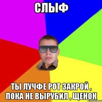Слыф ты лучфе рот закрой , пока не вырубил , щенок
