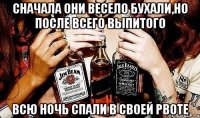 Сначала они весело бухали,но после всего выпитого всю ночь спали в своей рвоте