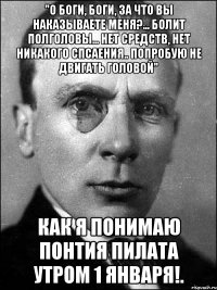 "О боги, боги, за что вы наказываете меня?... болит полголовы... нет средств, нет никакого спсаения.. попробую не двигать головой" Как я понимаю Понтия Пилата утром 1 января!.