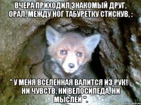 вчера приходил знакомый друг, орал, между ног табуретку стиснув, : " У меня вселенная валится из рук! - ни чувств, ни велосипеда, ни мыслей ".