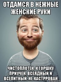 ОТДАМСЯ В НЕЖНЫЕ ЖЕНСКИЕ РУКИ ЧИСТОПЛОТЕН, К ГОРШКУ ПРИУЧЕН, ВСЕЯДНЫЙ И ВСЕПИТНЫЙ, НЕ КАСТРРОВАН