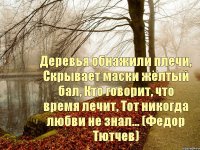 Деревья обнажили плечи, Скрывает маски жёлтый бал, Кто говорит, что время лечит, Тот никогда любви не знал... (Федор Тютчев)