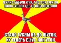 Жили у бабуси Утки, а не гуси Гуси по полю гуляли Где-то яйца потеряли Стало гусям не до шуток, Их теперь е@ут, как уток