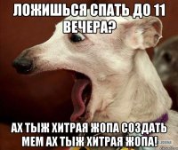 Ложишься спать до 11 вечера? АХ ТЫЖ ХИТРАЯ ЖОПА Создать мем АХ ТЫЖ ХИТРАЯ ЖОПА!