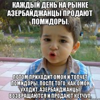 Каждый день на рынке азербайджанцы продают помидоры. Потом приходит ОМОН и топчет помидоры. После того, как ОМОН уходит, азербайджанцы возвращаются и продают кетчуп.