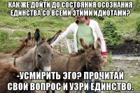 Как же дойти до состояния осознания единства со всеми этими идиотами? -усмирить эго? прочитай свой вопрос и узри единство.