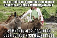 Как же дойти до состояния осознания единства со всеми этими идиотами? -усмирить эго? -Прочитай свой вопрос и узри единство!
