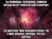 Ты помнишь, холодною, зимнею ночью ветер гонял по снегу окурки? Ты шептала:"мне холодно очень!" Ну а мне заебись, хорошо, что я в куртке!