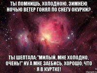 Ты помнишь, холодною, зимнею ночью ветер гонял по снегу окурки? Ты шептала:"Милый, мне холодно, очень!" Ну а мне заебись, хорошо, что я в куртке!