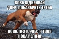 Вова,відкривай двері,побазарити треба Вова:ти хто?Пес:я твоя нова релігія