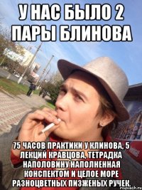 У нас было 2 пары блинова 75 часов практики у клинова, 5 лекций кравцова, тетрадка наполовину наполненная конспектом и целое море разноцветных пизженых ручек.
