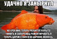 Удачно я занырнул на хрен мне теперь разбитое корыто чинить и запорожец ремонтировать,я теперь царем стану и на царевне женюсь.