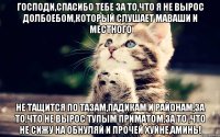 Господи,спасибо тебе за то,что я не вырос долбоебом,который слушает Маваши и Местного Не тащится по тазам,падикам и районам,за то,что не вырос тупым приматом,за то ,что не сижу на обнуляй и прочей хуйне,аминь!