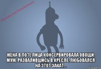  Жена в поте лица консервировала овощи. Муж, развалившись в кресле, любовался на этот закат...