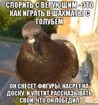 спорить с верующим - это как играть в шахматы с голубем он снесет фигуры, насрет на доску, и улетит рассказывать свои, что он победил