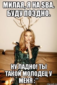 Милая, я на SBA. Буду поздно. Ну ладно! Ты такой молодец у меня :**