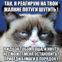 Так, я реагирую на твои жалкие потуги шутить ! Я иду за тобой, Гоша, и ничто не сможет меня остановить ! Приведи бумаги в порядок !